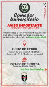 El Comedor Universitario retoma el servicio de viandas desde el lunes 6 de abril